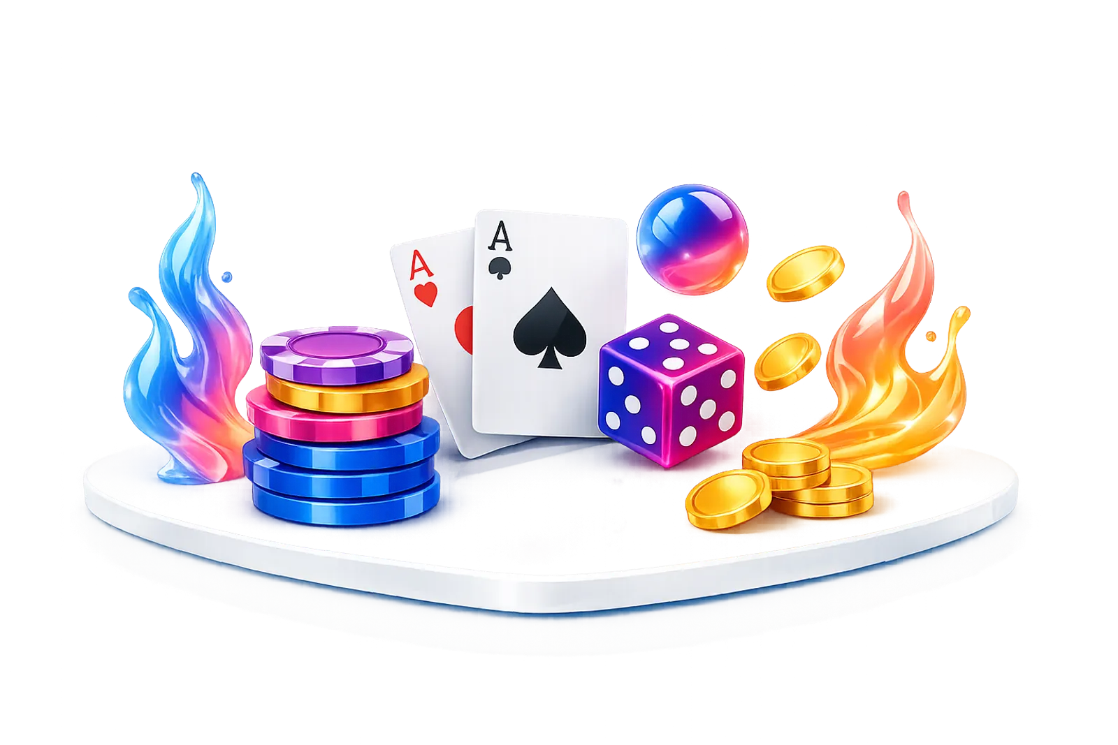 Abstract 3D render featuring floating gaming elements, stacked poker chips, playing cards, glowing gold coins, and stylized f
